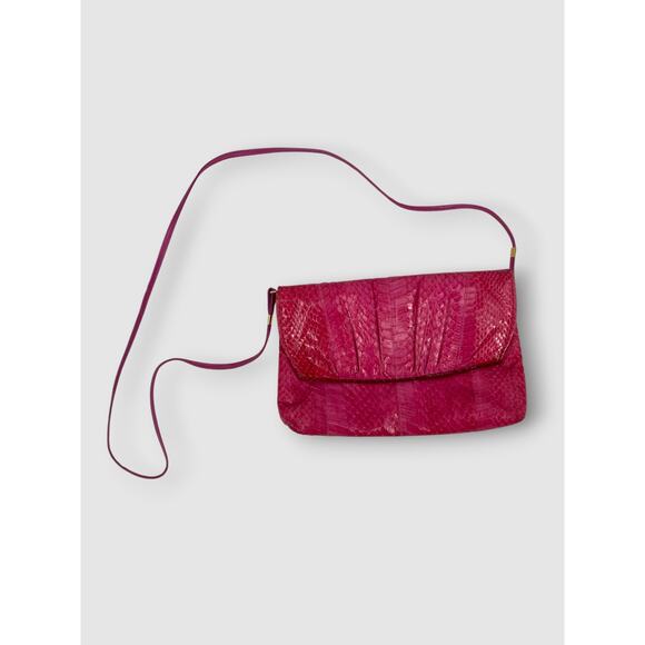 Vintage Handbags - 70s Vintage Jasmin Genuine Snakeskin Fuchsia Pink Crossbody Bag Flap Clutch